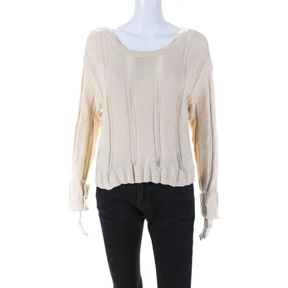 525 Womens Ribbed Crew Neck Pullover Sweater Cream Cotton Size XS/S